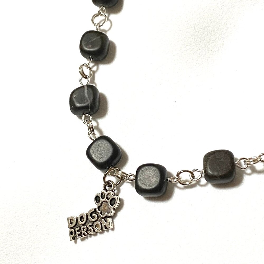 Genuine Black Agate Short Necklace, Gemstone Cube & Dog Person Paw Print Pendant